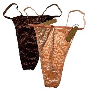 SKIMS Velvet Burnout Logo T-String Thongs Lot of 2 Peach Chestnut 2X